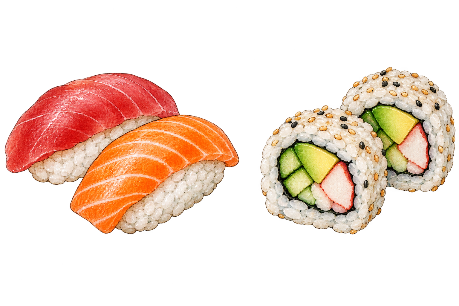 日本のにぎり寿司とカリフォルニアロールを並べた図解用イラスト